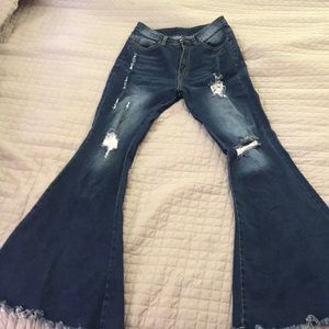 Boutique super flare! High rise, zip fly, distressed dark denim Size Small
